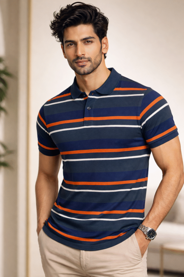 Navy Blue Striped Polo TShirt
