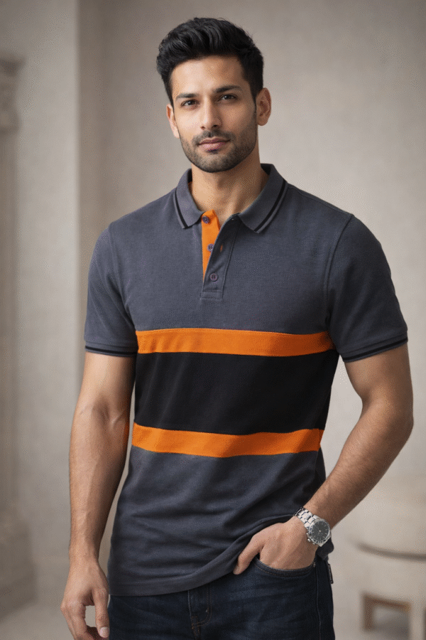 Charcoal Grey Color Block Polo T-Shirt