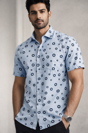 Sky Blue Polka Dot Half Sleeve Shirt (Slim Fit)