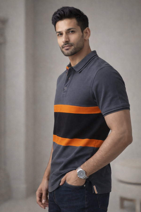 Charcoal Grey Color Block Polo T-Shirt