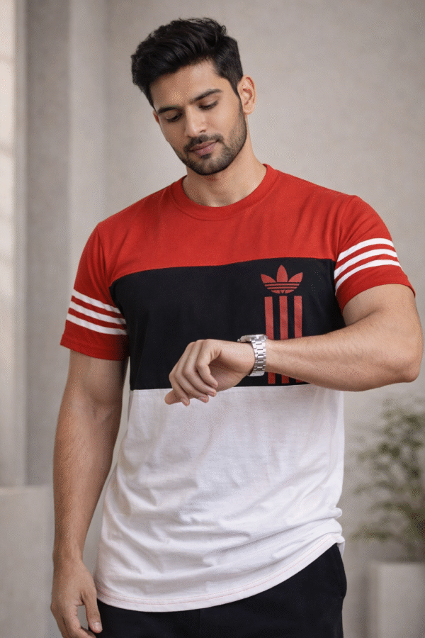Red – Black – White Color Block Design Half Sleeve T-shirt
