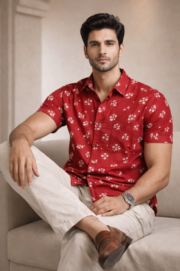 Red Floral Cotton Shirt (Slim Fit)