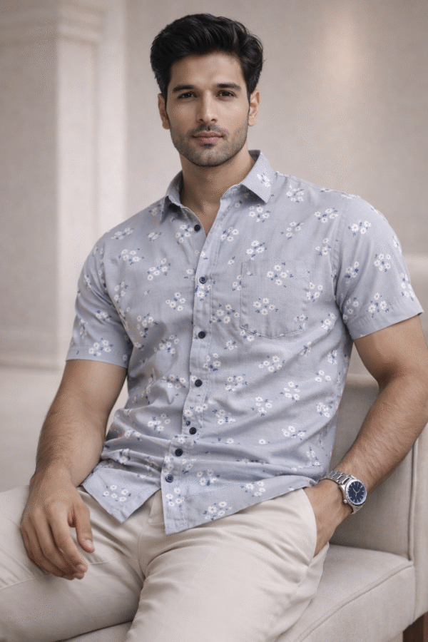 Grey Floral Half Sleeve Shirt (Slim Fit)
