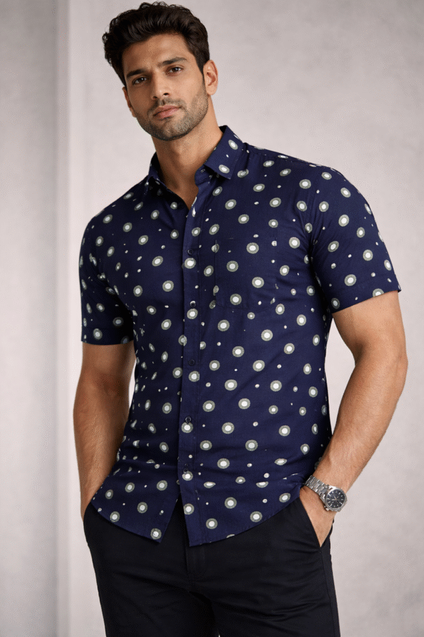 Navy Blue Polka Dot Half Sleeve Shirt (Slim Fit)