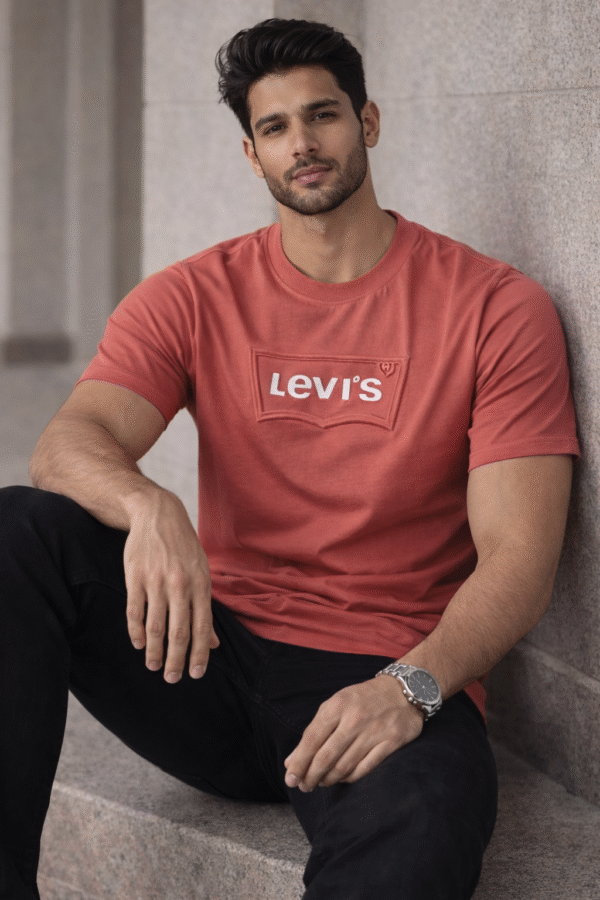 Brick Red Embossed Logo Slim Fit Half Sleeve T-shirt