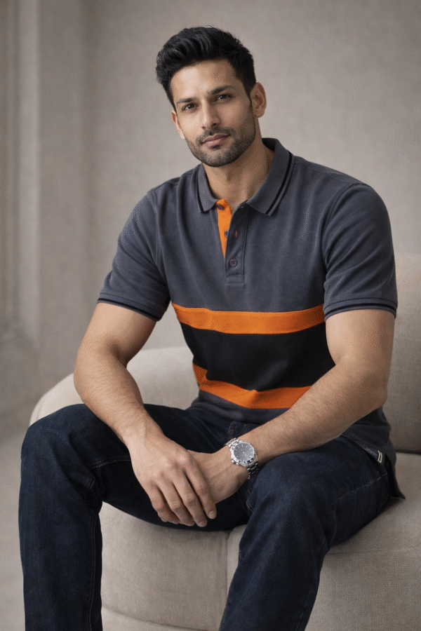 Charcoal Grey Color Block Polo T-Shirt