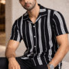 Black Striped Cuban Caller Half Sleeve Shirt