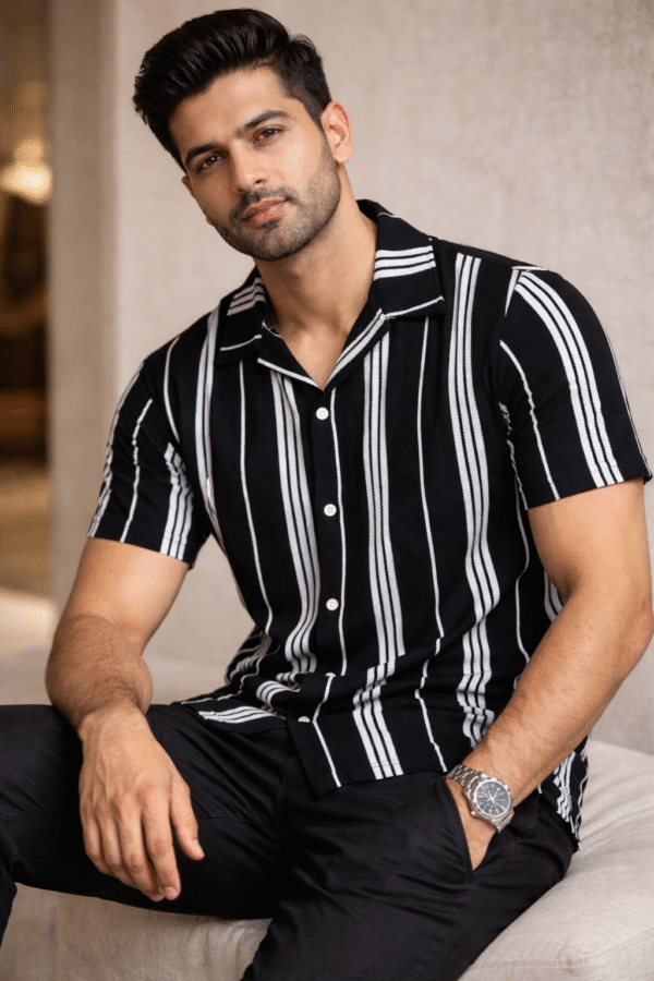 Black Striped Cuban Caller Half Sleeve Shirt