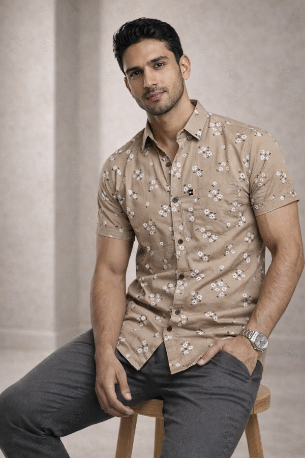 Khaki Brown Floral Half Sleeve Shirt (Slim Fit)
