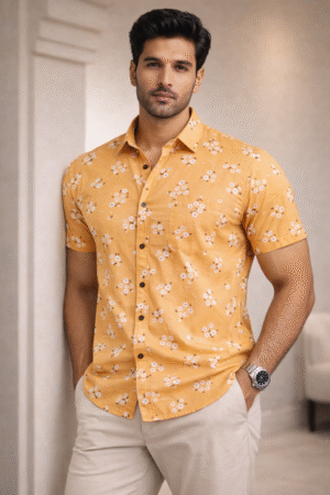 Warm Yellow Floral Half Sleeve Shirt (Slim Fit)