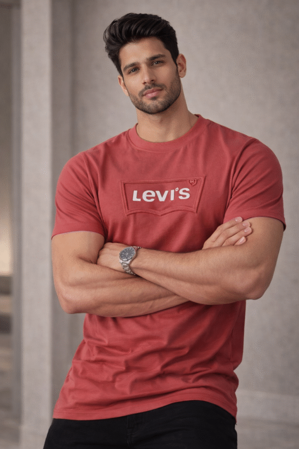 Brick Red Embossed Logo Slim Fit Half Sleeve T-shirt