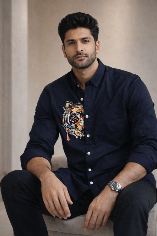 Navy Blue Tiger Patch Designer Shirt
