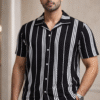 Black Striped Cuban Caller Half Sleeve Shirt