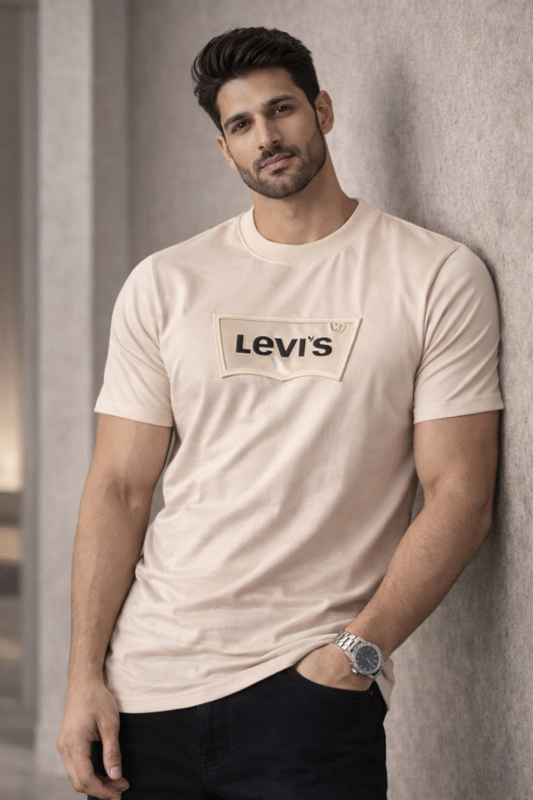 Beige Embossed Logo Slim Fit Half Sleeve T-shirt