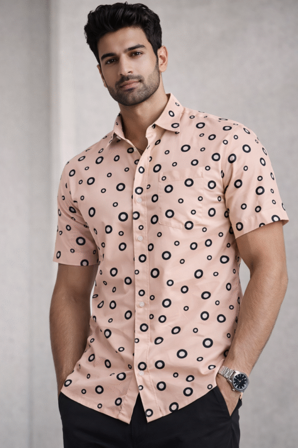 Peach Polka Dot Half Sleeve Shirt (Slim Fit)