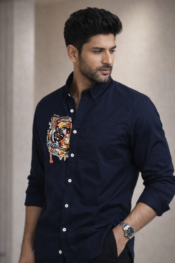 Navy Blue Tiger Patch Designer Shirt