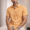 Warm Yellow Floral Half Sleeve Shirt (Slim Fit)