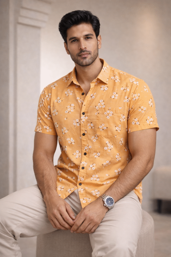 Warm Yellow Floral Half Sleeve Shirt (Slim Fit)