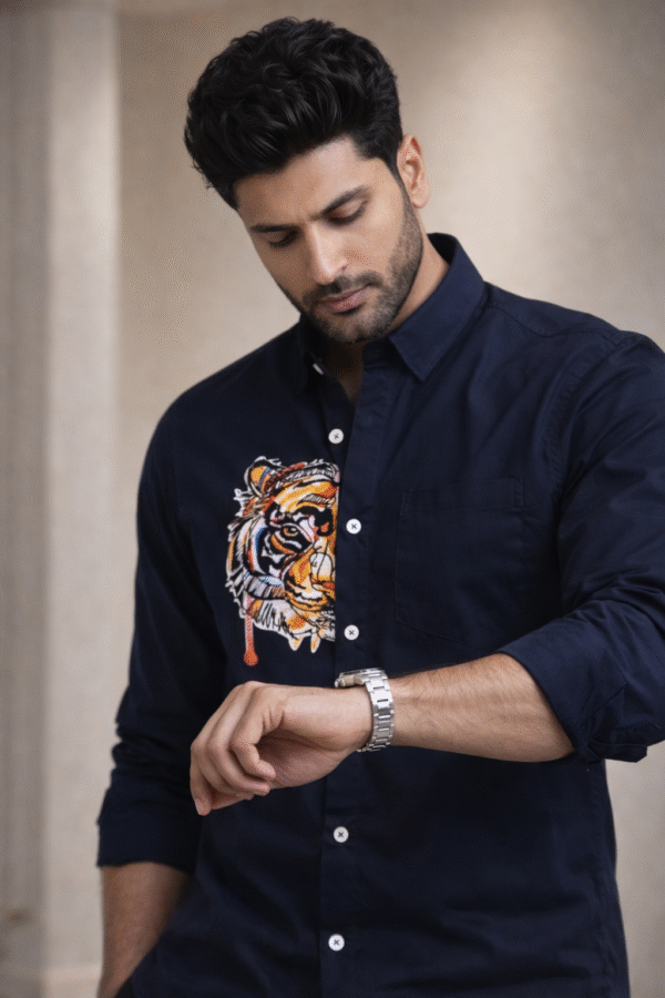 Navy Blue Tiger Patch Designer Shirt