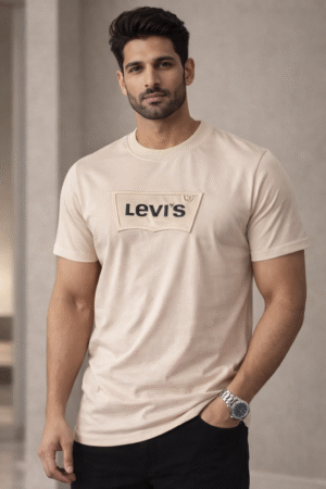 Beige Embossed Logo Slim Fit Half Sleeve T-shirt