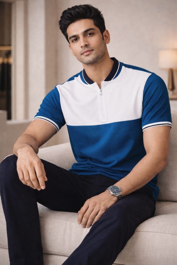 Teal Blue & Snow White Colourblocked Cotton T-shirt