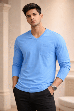 Aqua Blue Plain V-Neck Full Sleeve T-Shirt