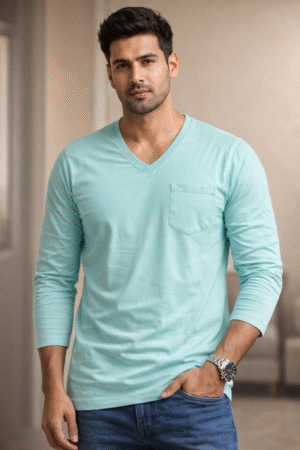 Mint Green Plain V-Neck Full Sleeve T-Shirt