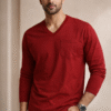 Wine Marroon Plain V-Neck Full Sleeve T-Shirt