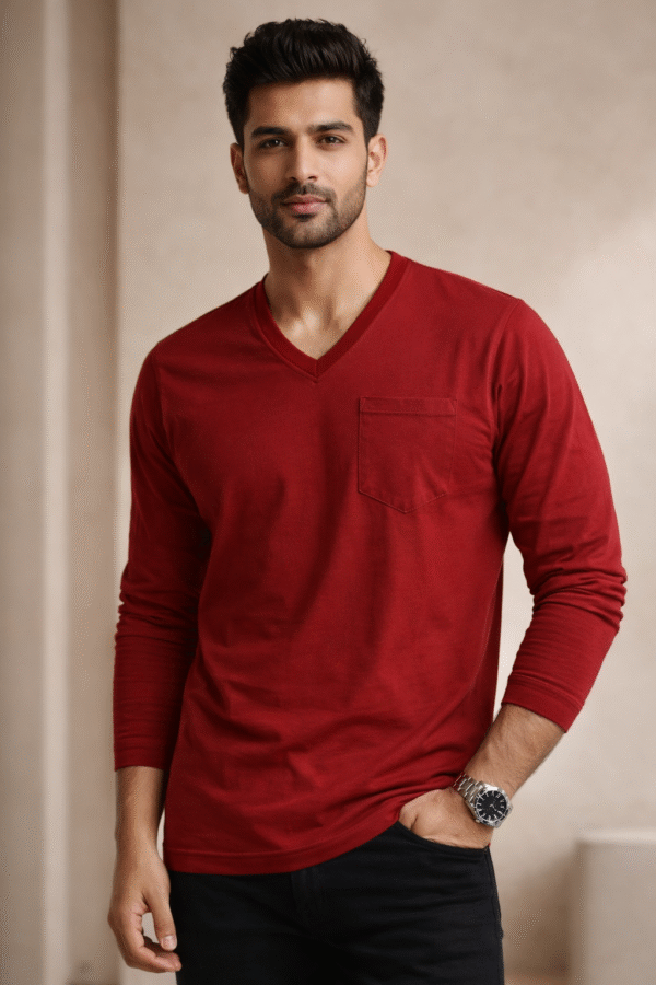 Wine Marroon Plain V-Neck Full Sleeve T-Shirt