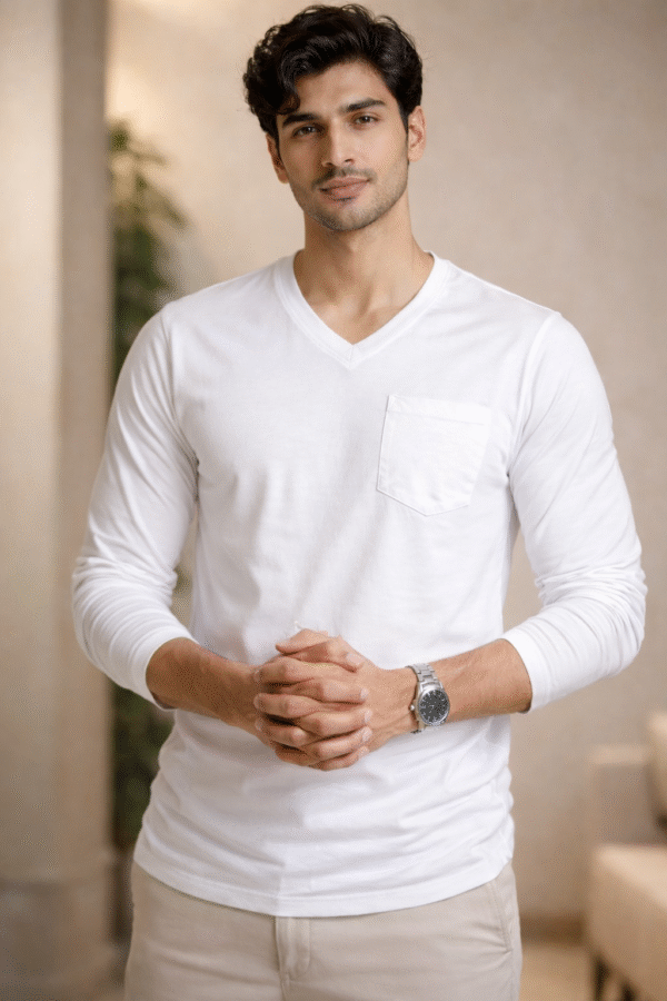 White Plain V-Neck Full Sleeve T-Shirt