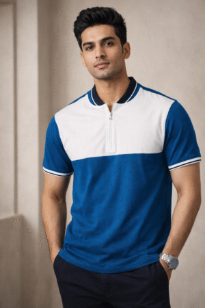 Teal Blue & Snow White Colourblocked Cotton T-shirt