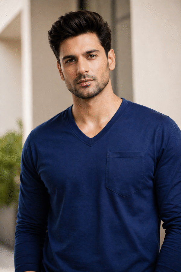 Navy Blue Plain V-Neck Full Sleeve T-Shirt