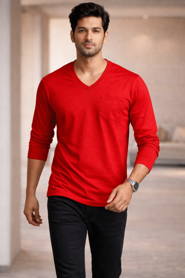 Cherry Red Plain V-Neck Full Sleeve T-Shirt