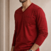Wine Marroon Plain V-Neck Full Sleeve T-Shirt
