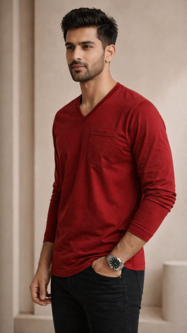 Wine Marroon Plain V-Neck Full Sleeve T-Shirt