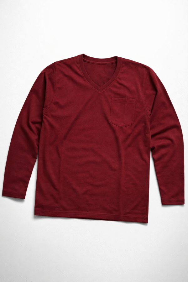 Wine Marroon Plain V-Neck Full Sleeve T-Shirt