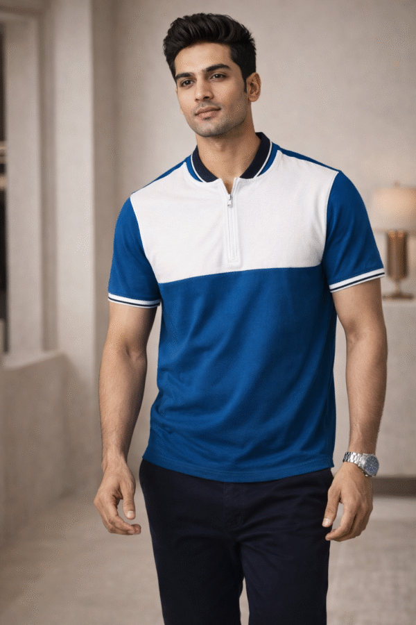 Teal Blue & Snow White Colourblocked Cotton T-shirt