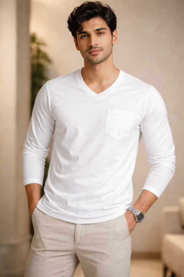White Plain V-Neck Full Sleeve T-Shirt