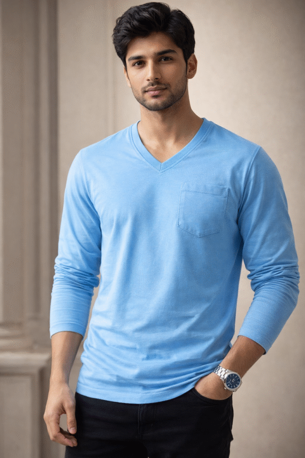 Sky Blue Plain V-Neck Full Sleeve T-Shirt
