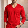 Cherry Red Plain V-Neck Full Sleeve T-Shirt