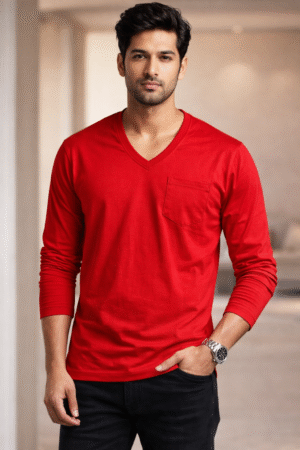 Cherry Red Plain V-Neck Full Sleeve T-Shirt