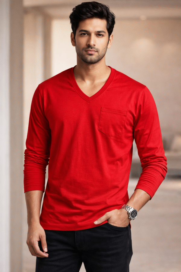 Cherry Red Plain V-Neck Full Sleeve T-Shirt