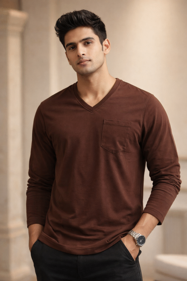 Coffee Brown Plain V-Neck Full Sleeve T-Shirt