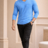 Aqua Blue Plain V-Neck Full Sleeve T-Shirt