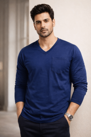 Navy Blue Plain V-Neck Full Sleeve T-Shirt