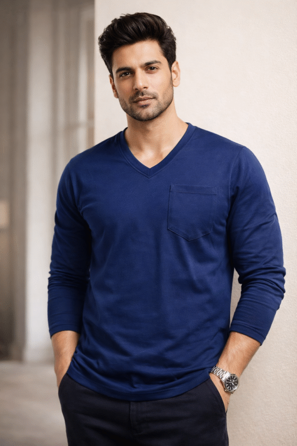 Navy Blue Plain V-Neck Full Sleeve T-Shirt